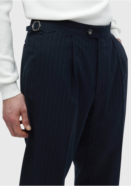 Lacivert Çizgili Dokuma Loose Fit Casual Pantolon
