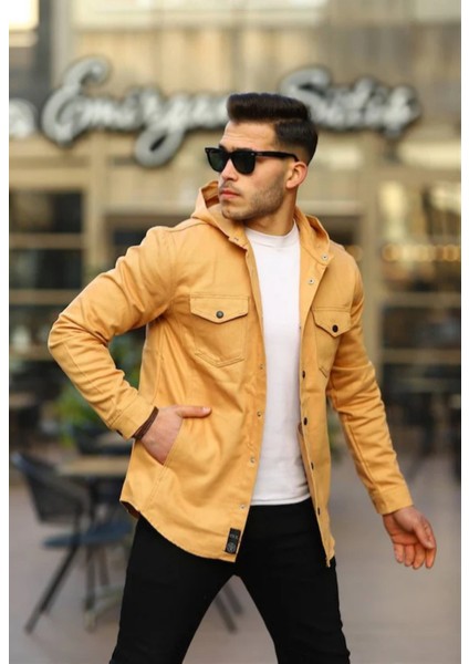 Açık Hardal Renk Kapüşonlu Kot Ceket