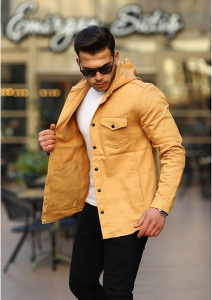 Açık Hardal Renk Kapüşonlu Kot Ceket modelleri