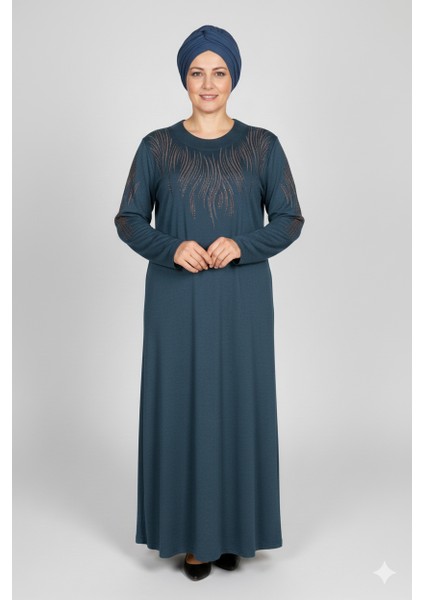Hesna Kadın Ferda Kışlık Battal Beden Boydan Baskılı Petrol Elbise