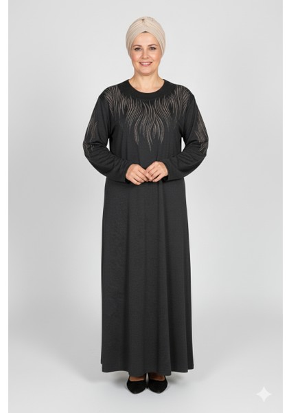Hesna Kadın Ferda Kışlık Battal Beden Boydan Baskılı Siyah Elbise