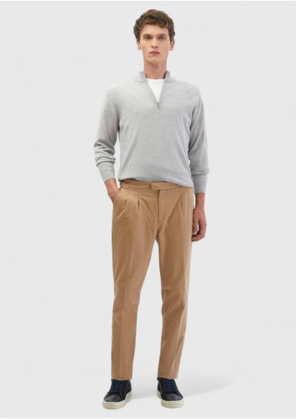 Açık Gri Yarım Balıkçı Yaka Düz Örgü %100 Yün Triko Kazak