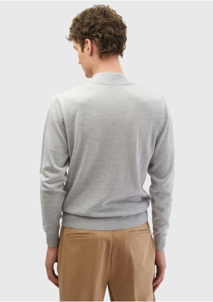 Açık Gri Yarım Balıkçı Yaka Düz Örgü %100 Yün Triko Kazak