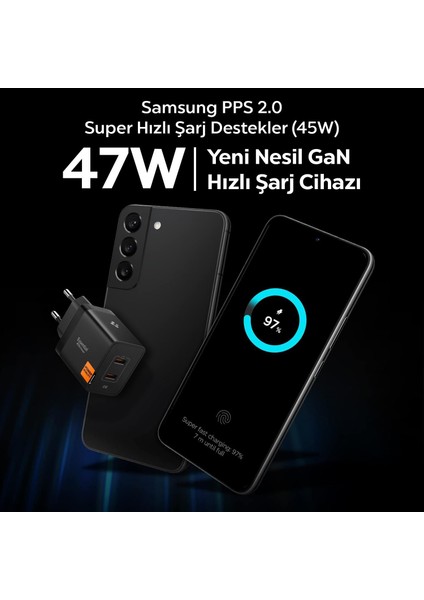 47W USB-C 2 Port Mini Hızlı Şarj Aleti PPS 2.0 Desteği / Isı Düşürücü GaN Pro Destekli Akım Korumalı Güç Adaptörü iPhone & Android & iPad & MacBook Type-C Black - ACH09457 fiyatları