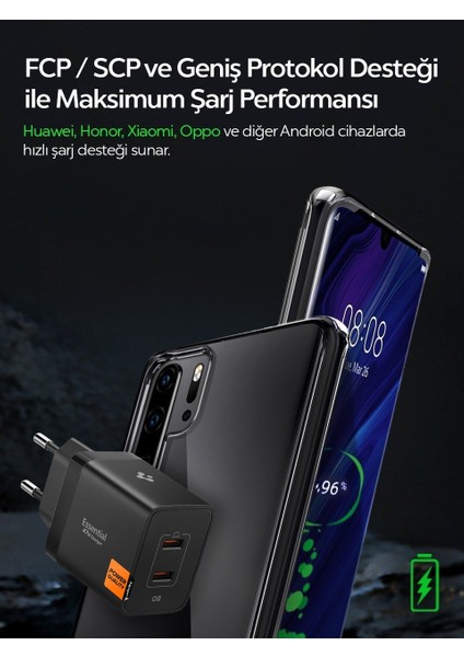 47W USB-C 2 Port Mini Hızlı Şarj Aleti PPS 2.0 Desteği / Isı Düşürücü GaN Pro Destekli Akım Korumalı Güç Adaptörü iPhone & Android & iPad & MacBook Type-C Black - ACH09457 modelleri