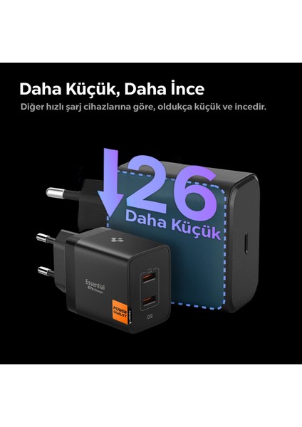 47W USB-C 2 Port Mini Hızlı Şarj Aleti PPS 2.0 Desteği / Isı Düşürücü GaN Pro Destekli Akım Korumalı Güç Adaptörü iPhone & Android & iPad & MacBook Type-C Black - ACH09457