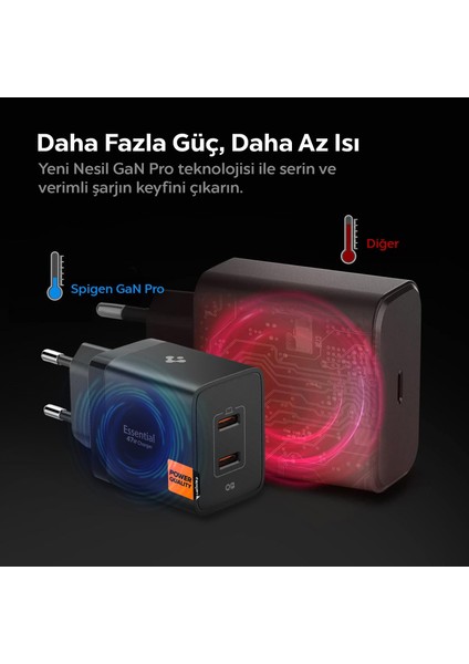 47W USB-C 2 Port Mini Hızlı Şarj Aleti PPS 2.0 Desteği / Isı Düşürücü GaN Pro Destekli Akım Korumalı Güç Adaptörü iPhone & Android & iPad & MacBook Type-C Black - ACH09457