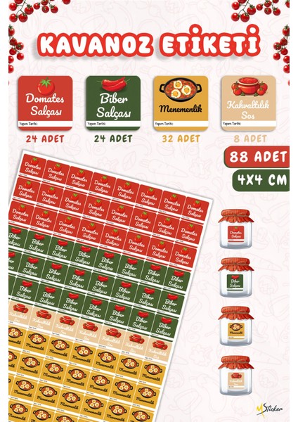 Domates Biber Salça Kavanoz Etiket Sos Etiketleri, Menemenlik Kahvaltılık Sos Etiket 4x4 88 Adet indirimleri