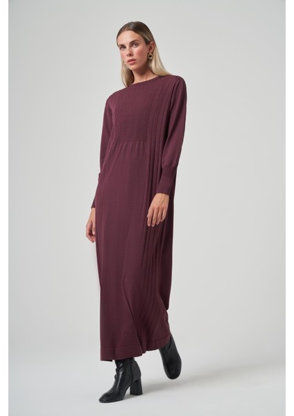 509 Desenli Triko Elbise Bordo modelleri