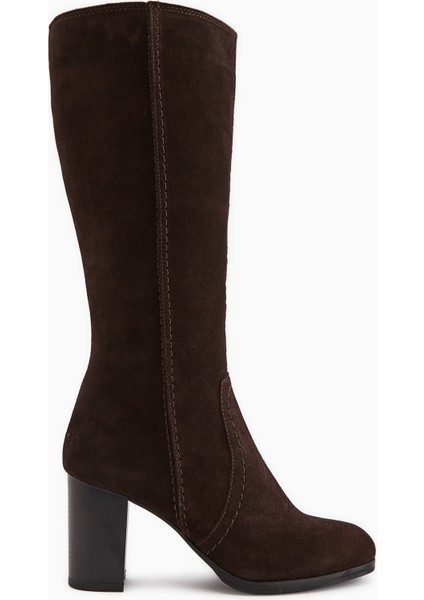 Aleen Hakiki Deri Kahve Süet Topuklu Kadın Çizme