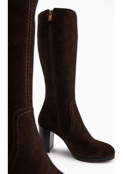Aleen Hakiki Deri Kahve Süet Topuklu Kadın Çizme indirimleri