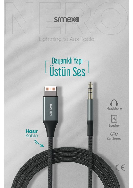 Iphone Lightning To 3.5mm Kumaş Aux Ses Kablosu Stereo Destekli 1.1m Nero