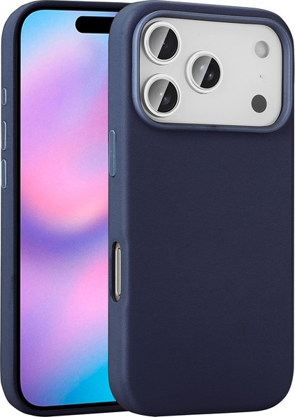 iPhone 17 Pro Kılıf M-Safe Şarj Özellikli Pu Deri Görünümlü Maks Kupra Kapak - Lacivert