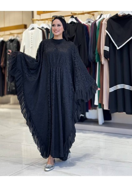 Şifon Fırfır Detaylı Dantel Elbise