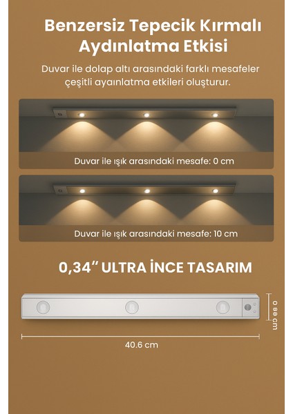 Mutfak Tezgah Altı, Dolap Içi, Merdiven Dekoratif Şarjlı LED Aydınlatma Armatür 40 cm Sensörlü
