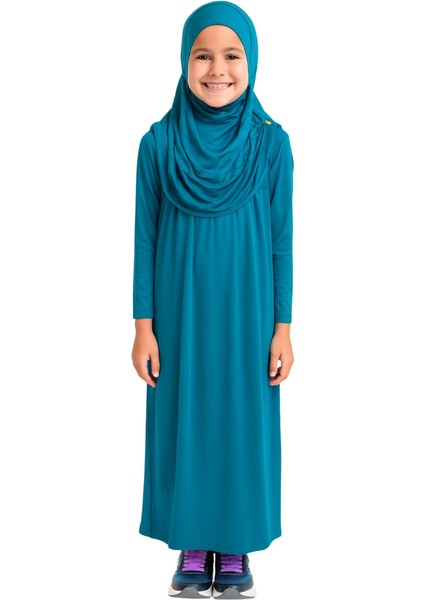 Penye Kendinden Başörtülü Çocuk Namaz Elbisesi Petrol Mavisi/ 6-7-8 Yaş