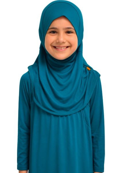 Penye Kendinden Başörtülü Çocuk Namaz Elbisesi Petrol Mavisi/ 6-7-8 Yaş modelleri