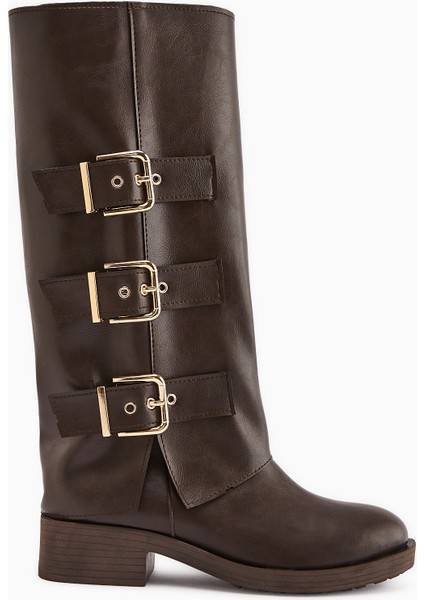 Adelina Kahve Deri Kemerli Kadın Biker Çizme