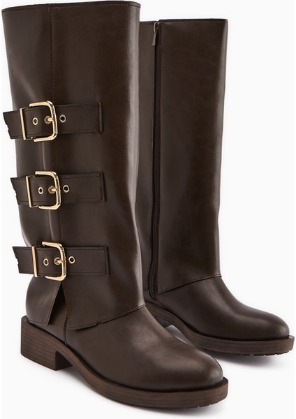 Adelina Kahve Deri Kemerli Kadın Biker Çizme modelleri