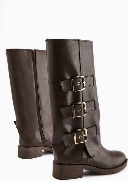 Adelina Kahve Deri Kemerli Kadın Biker Çizme indirimleri