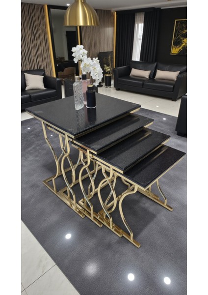 Arden Elite 4'lü Kare Zigon Sehpa Seti –gold(Altın) Renk Ayak - Siyah Mermer Desen Mdf fırsatları