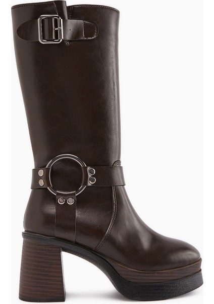 Beris Kahve Toka Detaylı Platform Topuklu Kadın Çizme