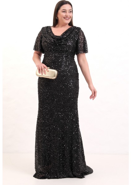 Kadın Siyah Degaje Yaka Pul Payet Büyük Beden Uzun Abiye Elbise