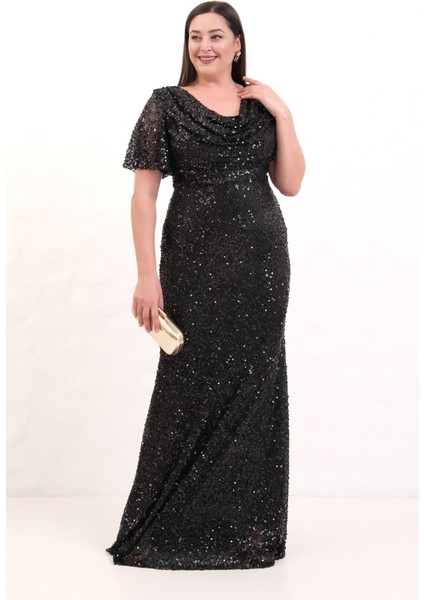 Kadın Siyah Degaje Yaka Pul Payet Büyük Beden Uzun Abiye Elbise fiyatları