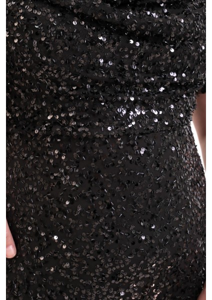 Kadın Siyah Degaje Yaka Pul Payet Büyük Beden Uzun Abiye Elbise indirimleri