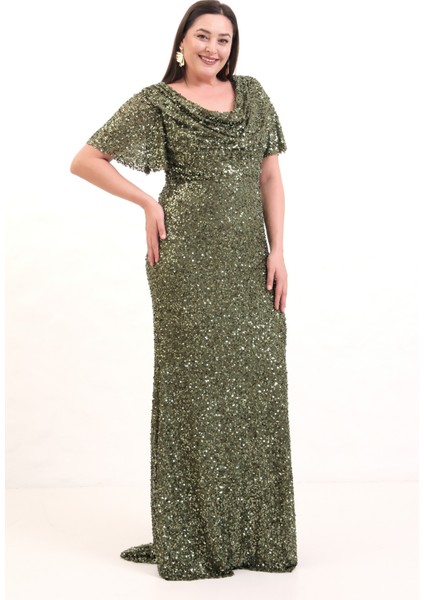 Kadın Haki Degaje Yaka Pul Payet Büyük Beden Uzun Abiye Elbise