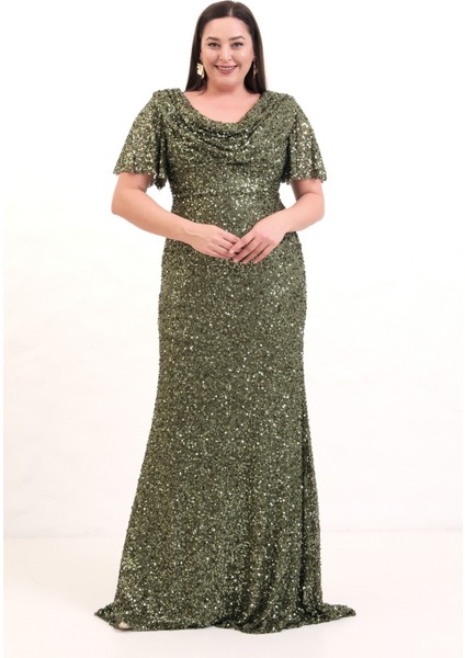 Kadın Haki Degaje Yaka Pul Payet Büyük Beden Uzun Abiye Elbise fiyatları