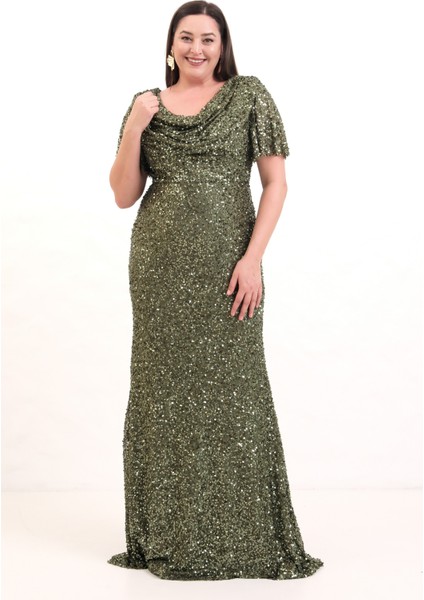 Kadın Haki Degaje Yaka Pul Payet Büyük Beden Uzun Abiye Elbise modelleri