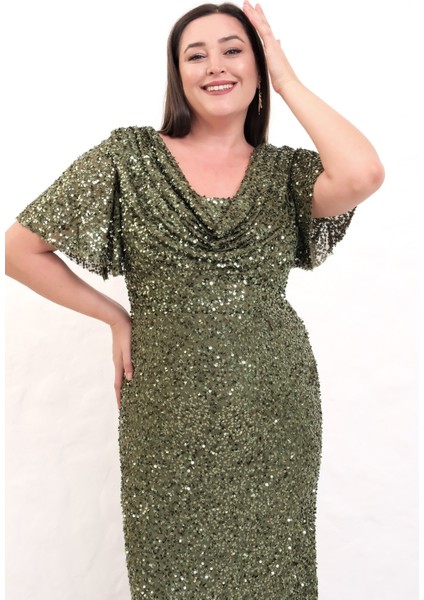 Kadın Haki Degaje Yaka Pul Payet Büyük Beden Uzun Abiye Elbise fırsatları