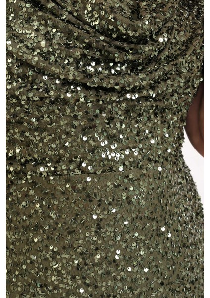 Kadın Haki Degaje Yaka Pul Payet Büyük Beden Uzun Abiye Elbise indirimleri