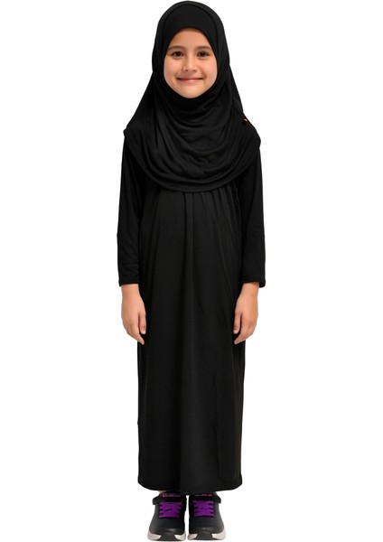 Penye Kendinden Başörtülü Çocuk Namaz Elbisesi Siyah/ 6-7-8 Yaş