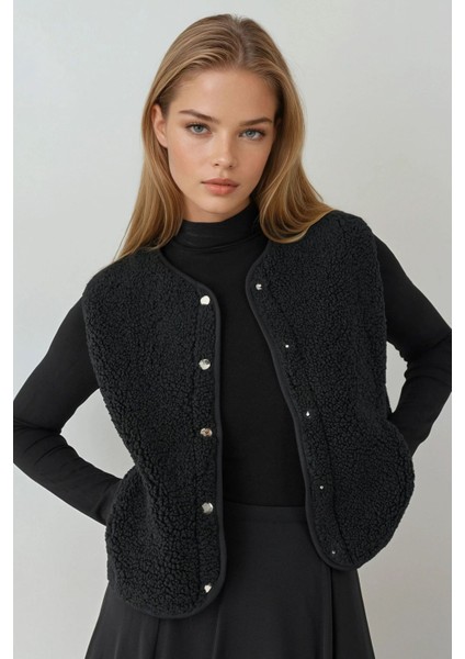 Kadın Dokulu Yuvarlak Yaka Kolsuz Kalın Yelek Siyah fiyatları
