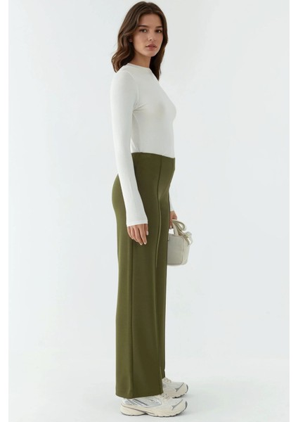 Kadın Modal Touch Nervür Detaylı Geniş Paça Pantolon Green modelleri