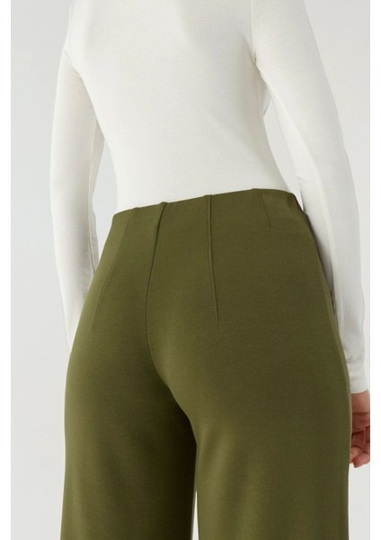 Kadın Modal Touch Nervür Detaylı Geniş Paça Pantolon Green