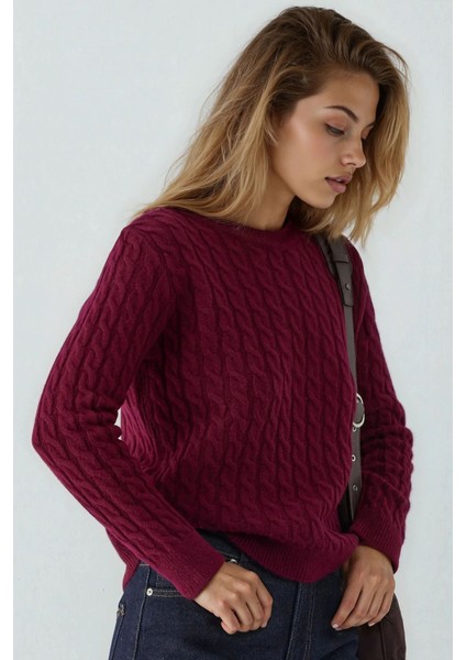 Kadın Yuvarlak Yaka Kalın Saç Örgüsü Kazak Red fiyatları