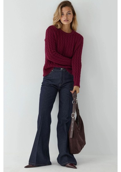 Kadın Yuvarlak Yaka Kalın Saç Örgüsü Kazak Red fırsatları