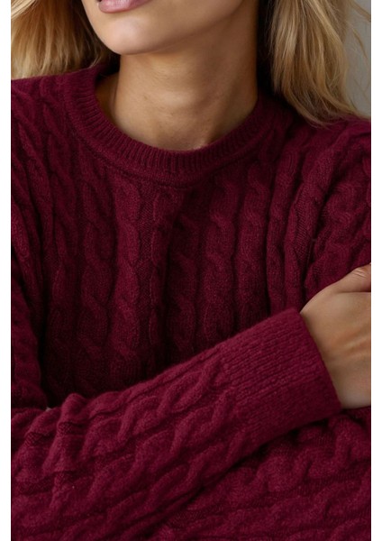 Kadın Yuvarlak Yaka Kalın Saç Örgüsü Kazak Red indirimleri