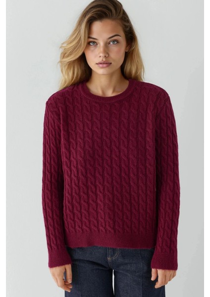 Kadın Yuvarlak Yaka Kalın Saç Örgüsü Kazak Red
