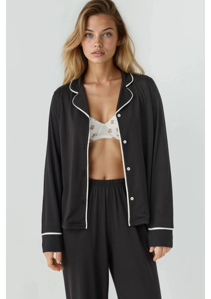 Kadın Gömlek Yakal Ekstra Yumuşak Rahat Kesim Uzun Kollu Pijama Takımı Black indirimleri
