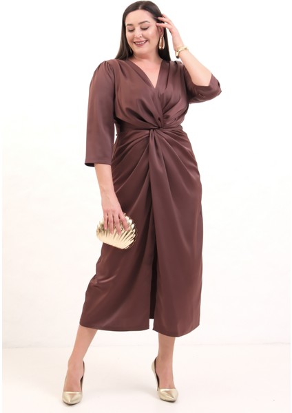Kadın Kahverengi V Yaka Midi Abiye Elbise