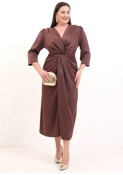 Kadın Kahverengi V Yaka Midi Abiye Elbise fiyatları