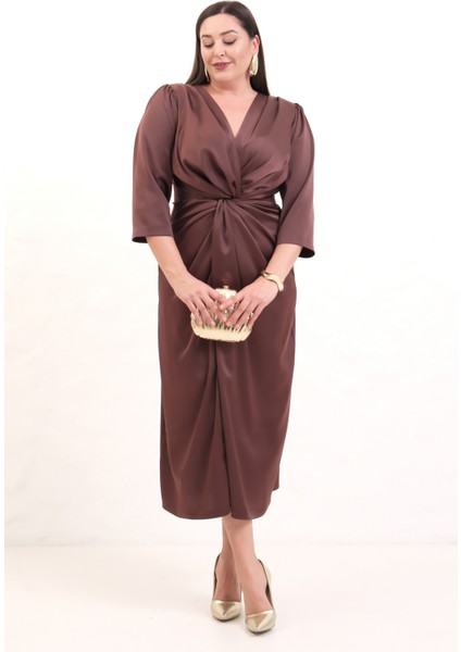 Kadın Kahverengi V Yaka Midi Abiye Elbise modelleri