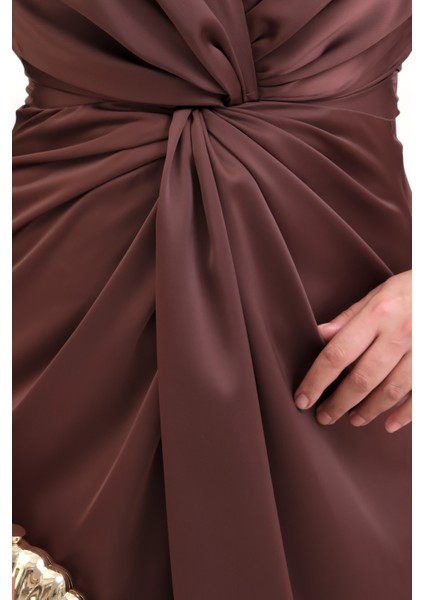 Kadın Kahverengi V Yaka Midi Abiye Elbise indirimleri