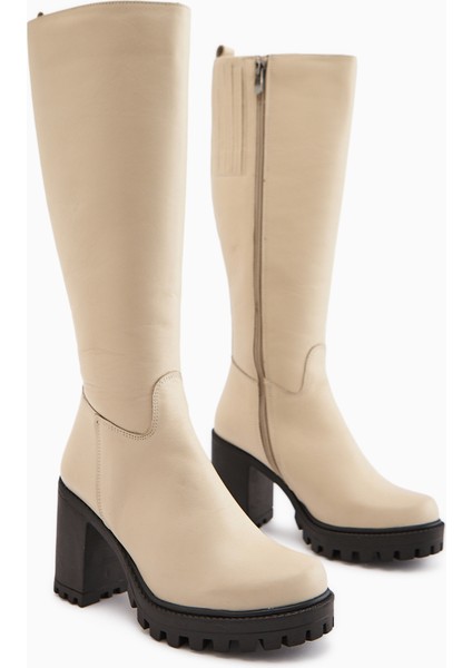 Ella Hakiki Deri Bej Platform Topuklu Kadın Çizme modelleri