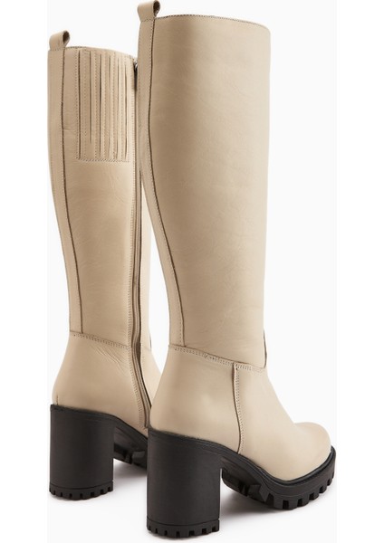 Ella Hakiki Deri Bej Platform Topuklu Kadın Çizme indirimleri