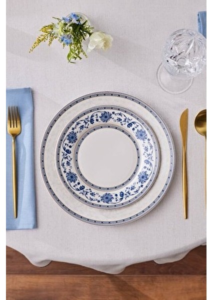 24 Parça 6 Kişilik Yemek Takımı Mavi Bone Malzeme ile Şık Desenli
